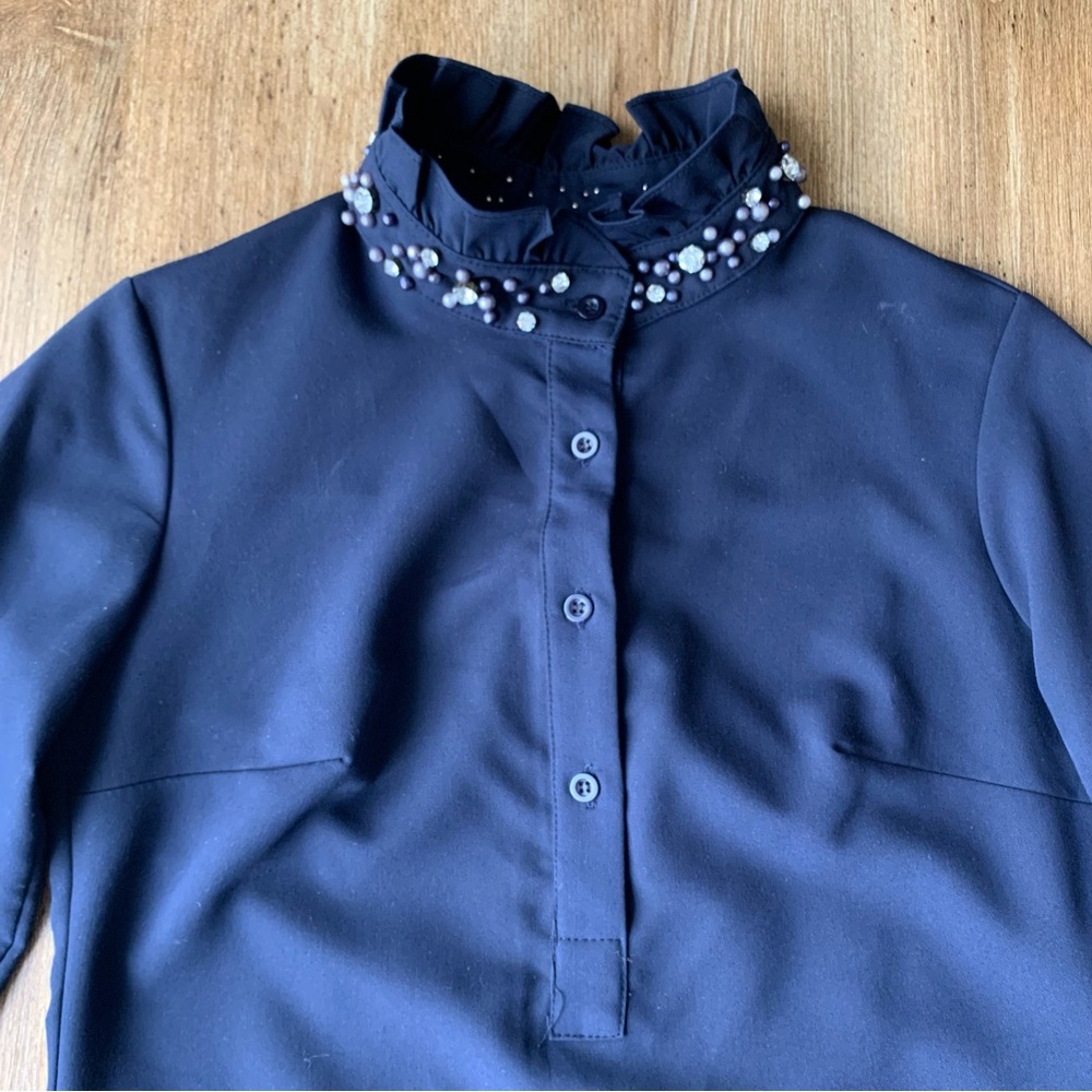 Lumo Dress 36 Small Beaded Mock Neck Collar Rhinestone Blue Button Down